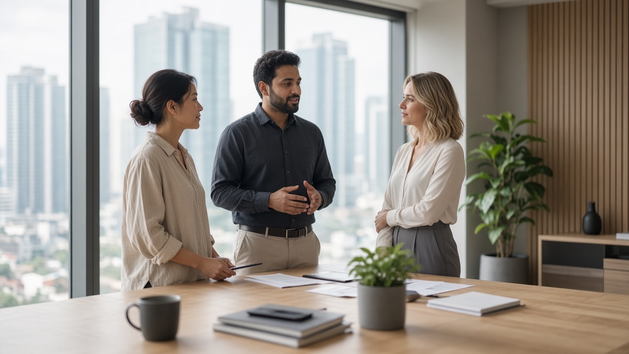 Team conversation in a bright office