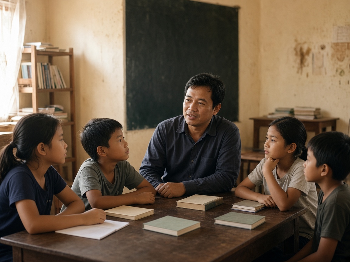 A mentor with students around a table
