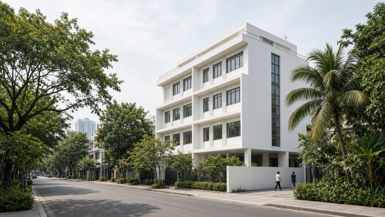A white office building on a tree-lined street