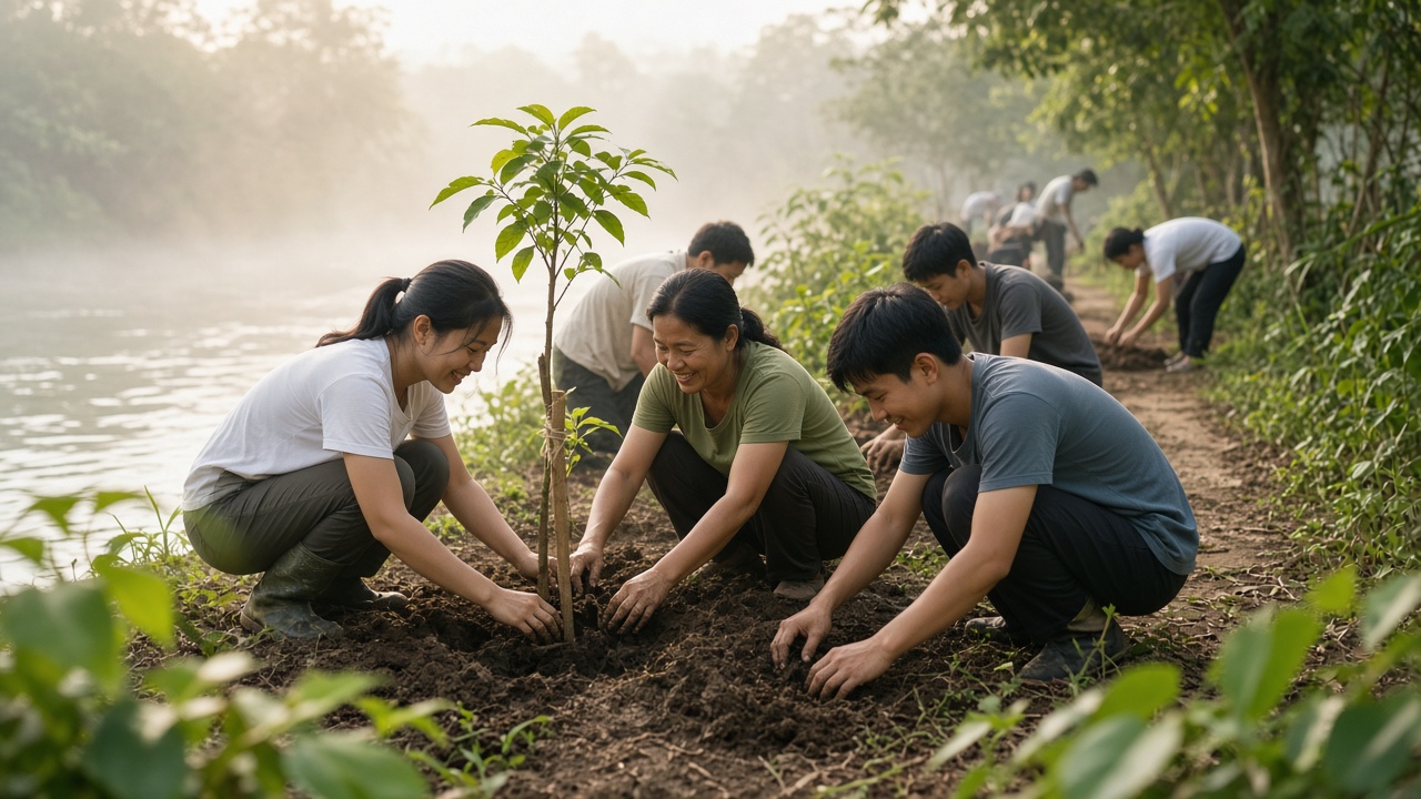 Volunteers planting trees by a river