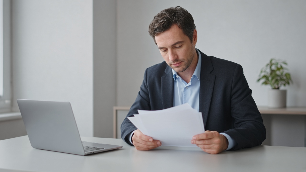 A person reviewing papers at a quiet desk